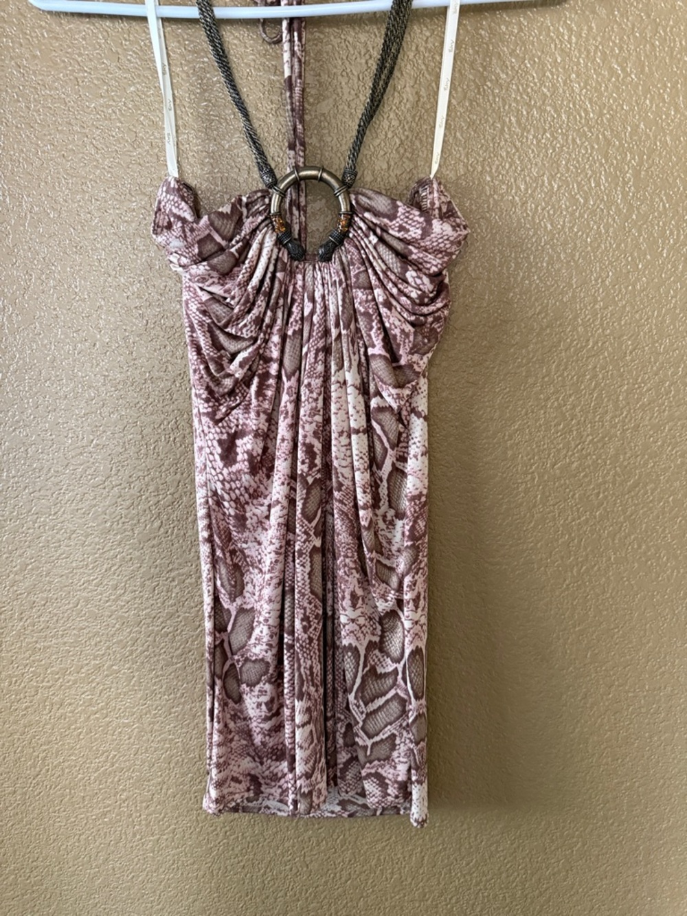 Snakeskin Halter top 100% silk with Ring Detail - Mauve Taupe